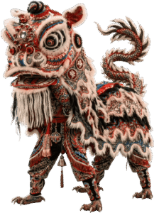 Traje tradicional de danza del león chino con cabeza decorada en rojo, blanco y dorado, ojos expresivos y detalles ornamentales, usado por un intérprete durante celebraciones culturales como el Año Nuevo Chino