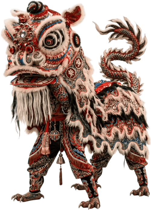 Traje tradicional de danza del león chino con cabeza decorada en rojo, blanco y dorado, ojos expresivos y detalles ornamentales, usado por un intérprete durante celebraciones culturales como el Año Nuevo Chino