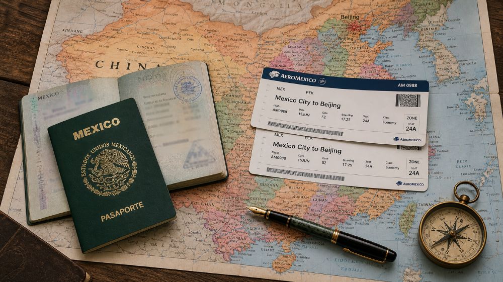 Un mapa de China sobre una mesa. Encima del mapa de china hay dos pasaportes mexicanos y dos boletos de Aeroméxico para ir a Beijing China. También hay una brújula y una pluma fuente sobre el mapa.